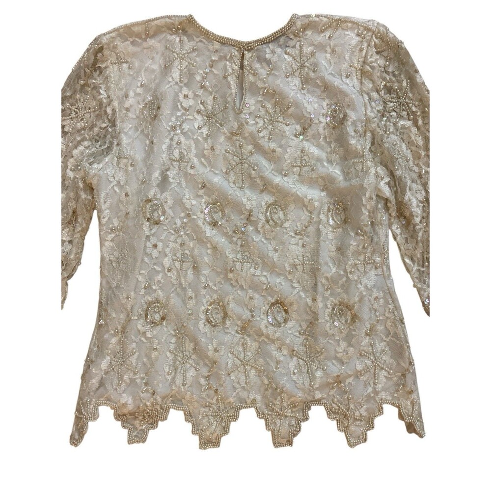 Vtg Laurence Kazar Ivory Blouse Women’s Beaded Lace Sequin Sz L Long‎ Sleeve - Picture 6 of 15